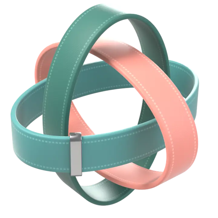 Tres correas tejidas, turquesa, coral y verde, entrelazadas en un solo nudo.