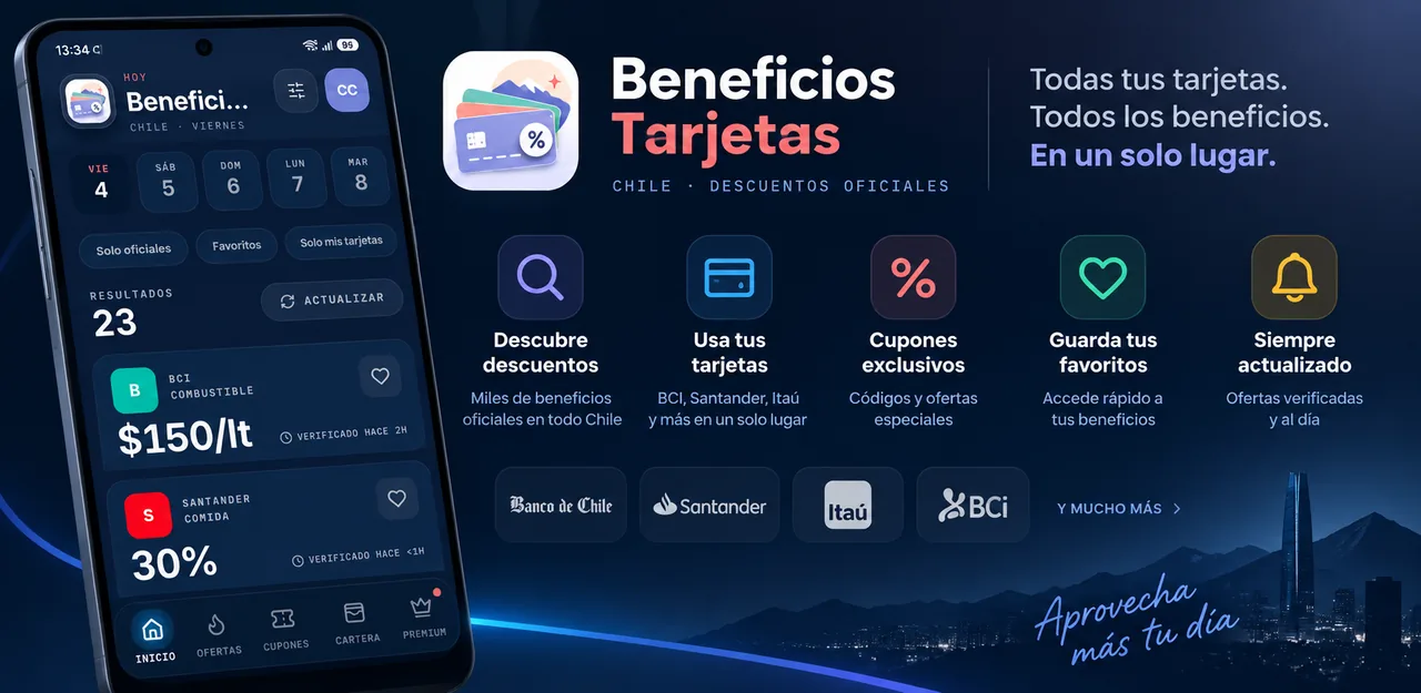 Gráfica de portada de Beneficios Tarjetas con capturas de la app.