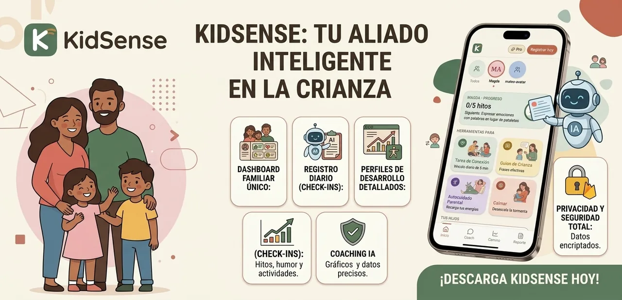 Gráfica de portada de KidSense con una familia y capturas de la app.