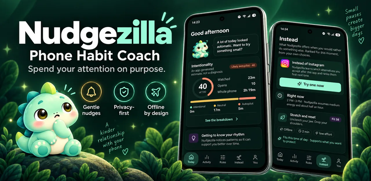 Gráfica de portada de Nudgezilla con capturas de la app.