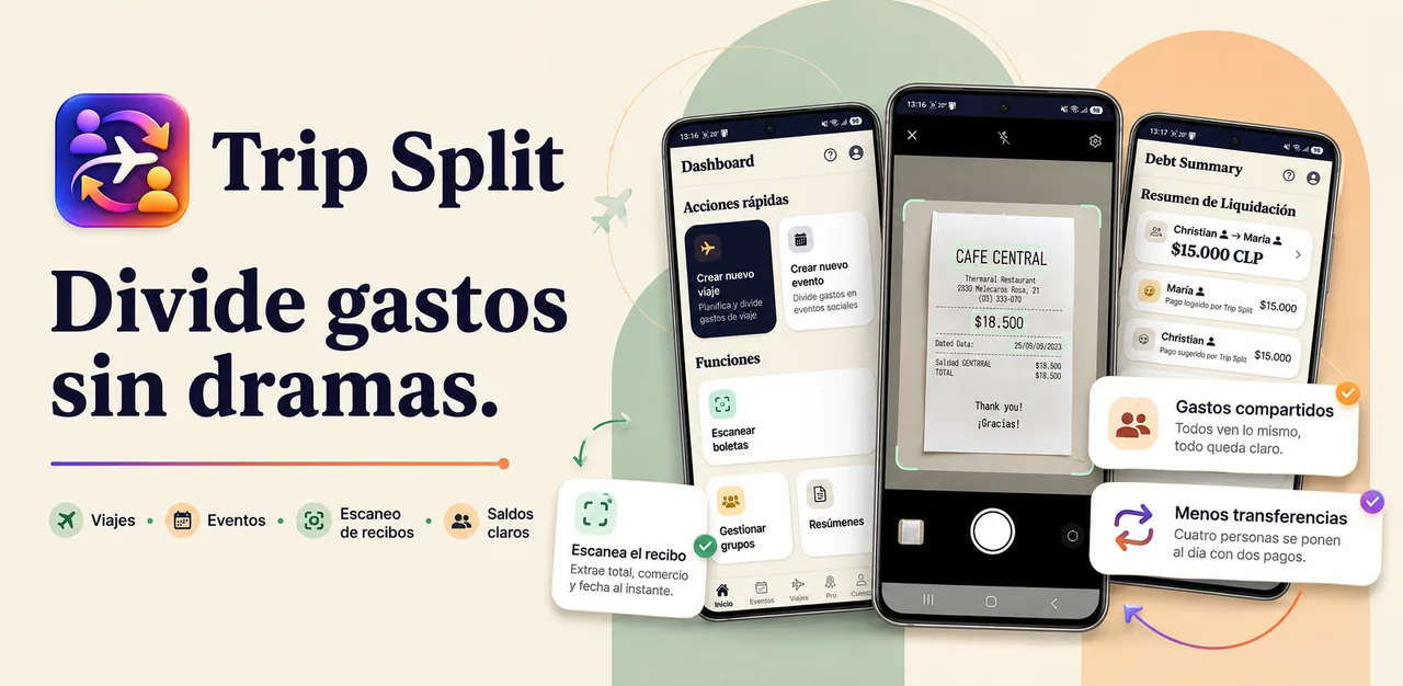 Gráfica de portada de Trip Split con capturas de la app.