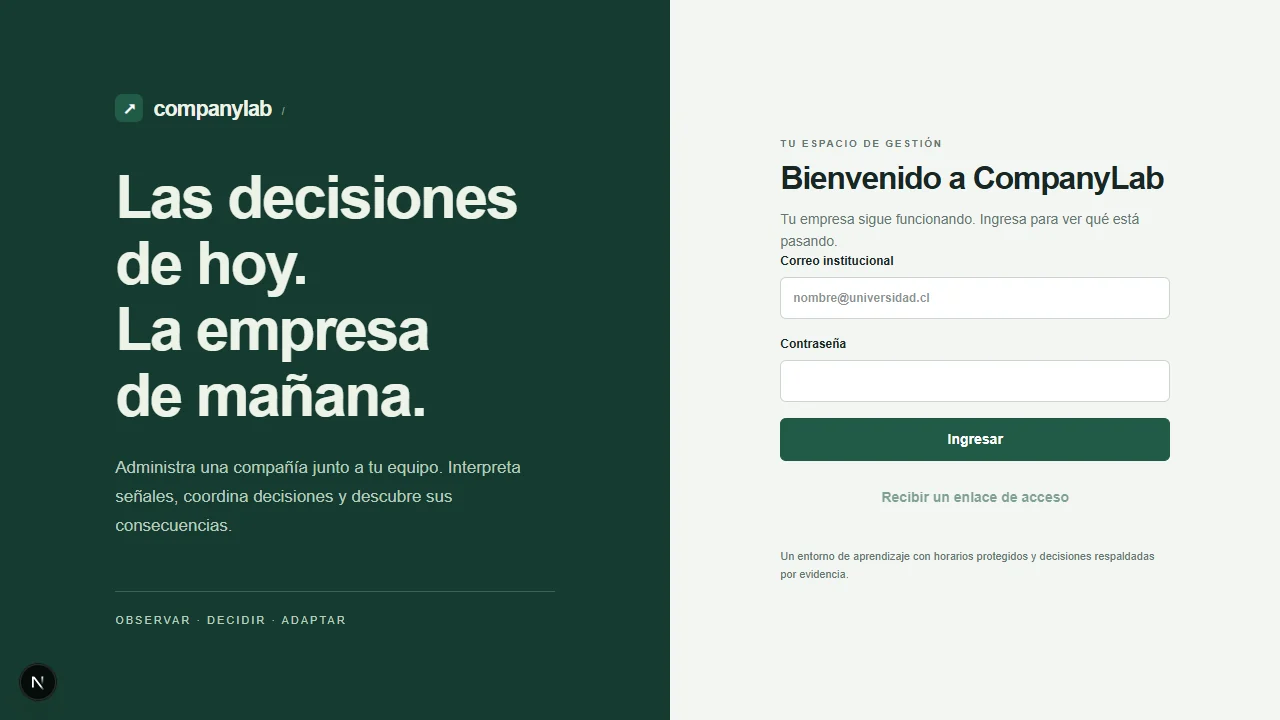 Pantalla de ingreso institucional de Company Lab.