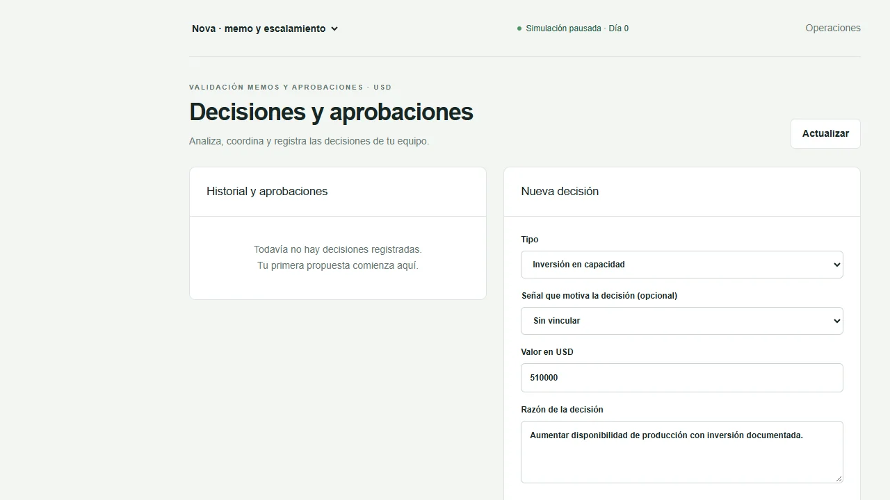 Formulario de nueva decisión con razón y valor.