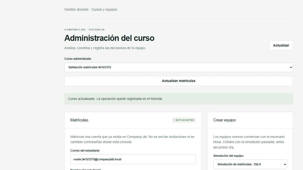 Administración del curso: matrículas y equipos.
