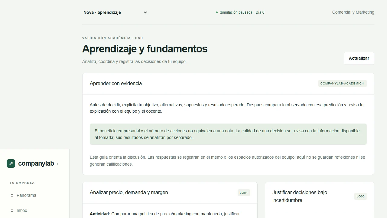 Aprendizaje y fundamentos: actividades y evidencia por rol.