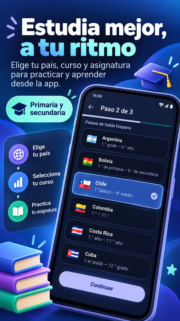 Elige país, curso y asignatura.