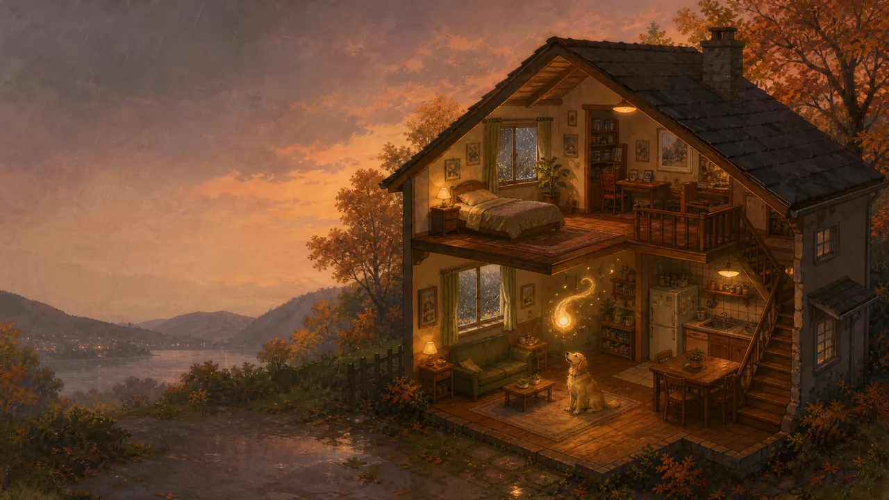 Arte principal: la casa de la familia al atardecer.