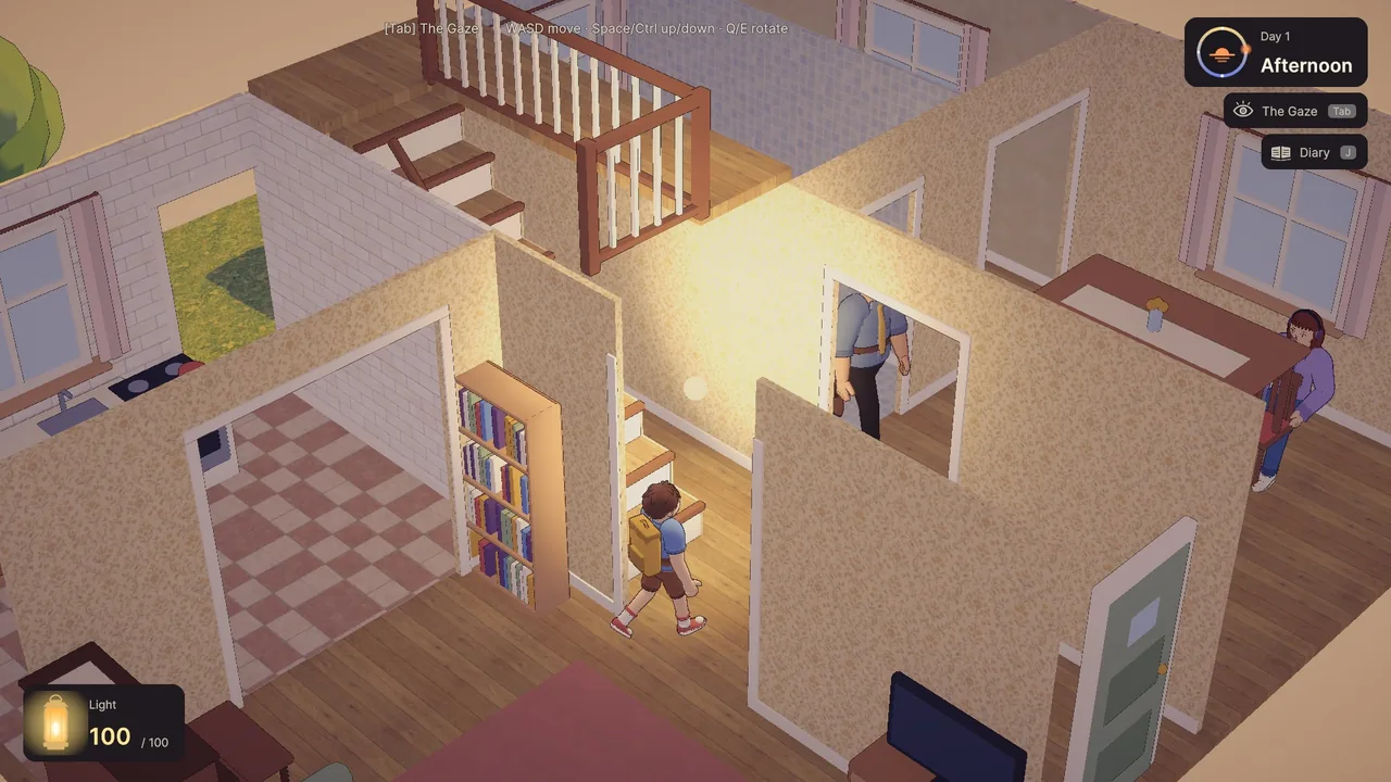 La habitación de Leo con la lámpara encendida.